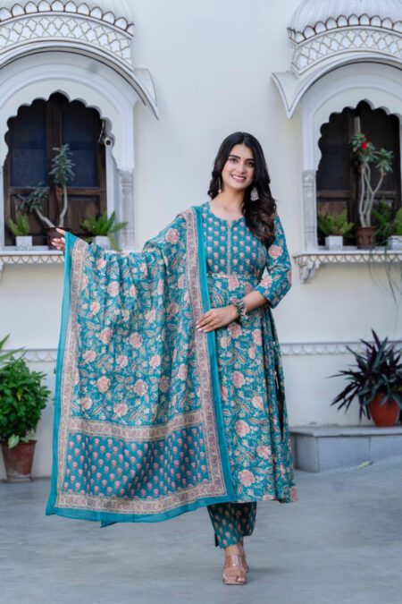 Teal Floral Printed Anarkali Kurta Set with Dupatta