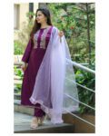 Maroon Silk Embroidered Kurta Set with Organza Dupatta