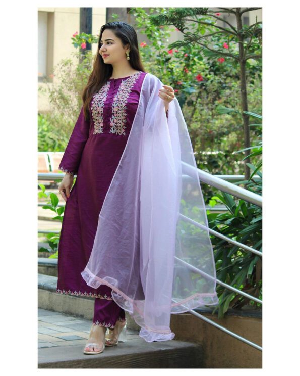 Maroon Silk Embroidered Kurta Set with Organza Dupatta