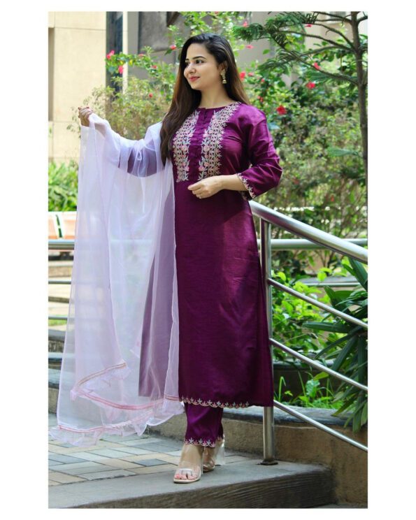 Maroon Silk Embroidered Kurta Set with Organza Dupatta