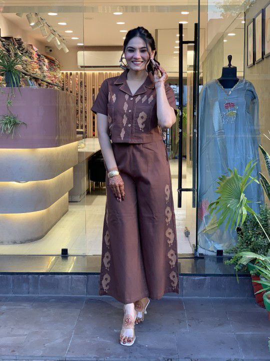 Short Shirt & Wide-Leg Pants Brown Co-ord Set