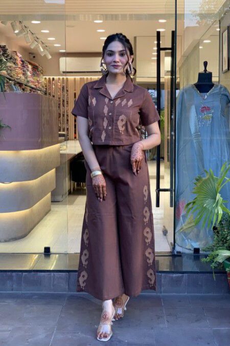 Short Shirt & Wide-Leg Pants Brown Co-ord Set