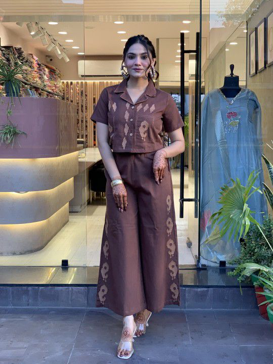 Short Shirt & Wide-Leg Pants Brown Co-ord Set