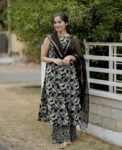 Elegant Black Leaf Print Kurta Set with Dupatta