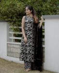 Elegant Black Leaf Print Kurta Set with Dupatta