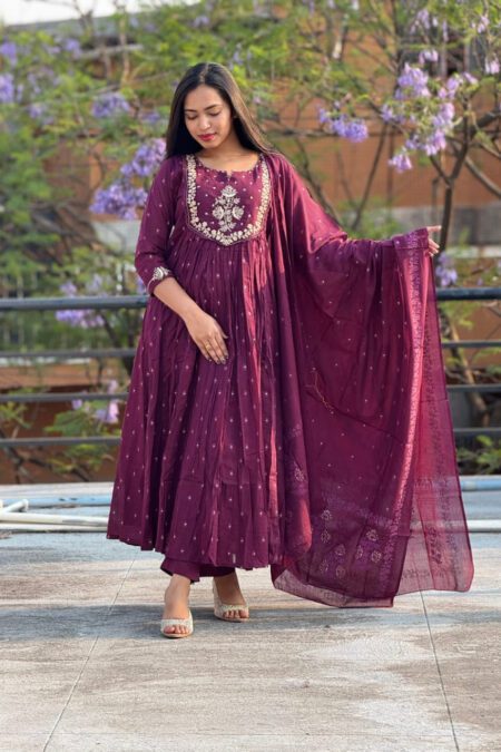 Deep Maroon Anarkali Suit with Embroidered Yoke & Dupatta