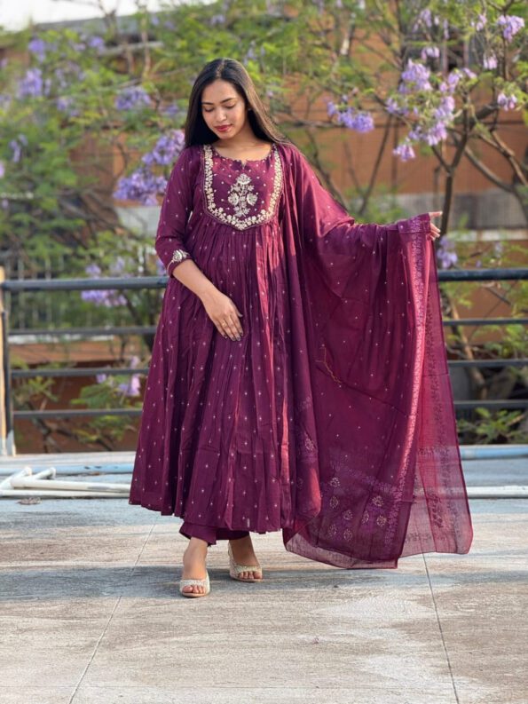 Deep Maroon Anarkali Suit with Embroidered Yoke & Dupatta