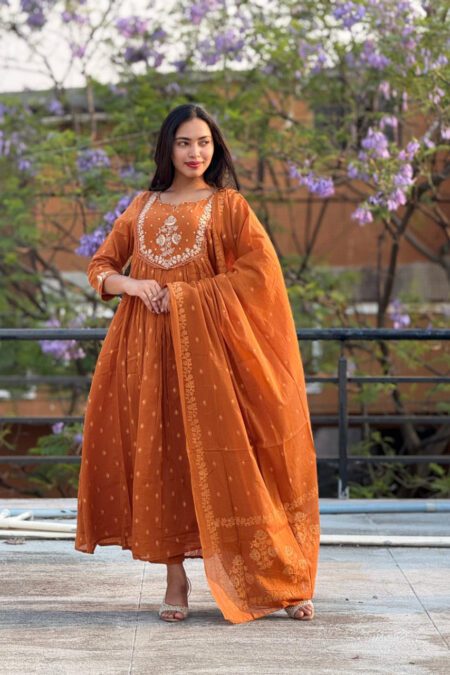 Burnt Orange Anarkali Suit with White Embroidery & Dupatta