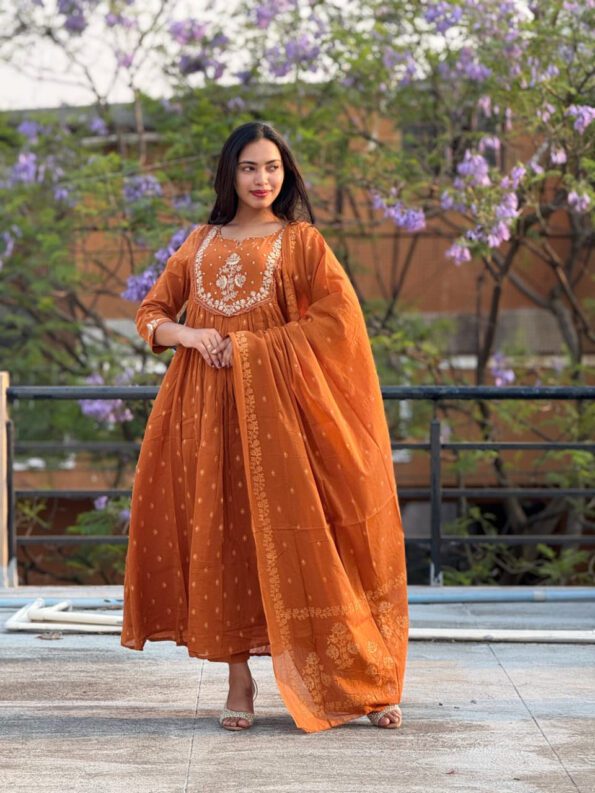Burnt Orange Anarkali Suit with White Embroidery & Dupatta