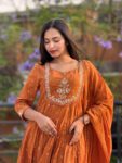 Burnt Orange Anarkali Suit with White Embroidery & Dupatta