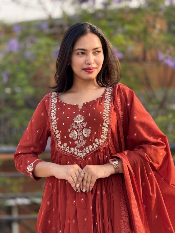 Rust Orange Anarkali Suit with Embroidered Yoke & Dupatta