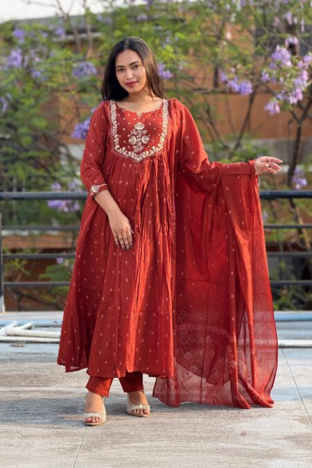 Rust Orange Anarkali Suit with Embroidered Yoke & Dupatta