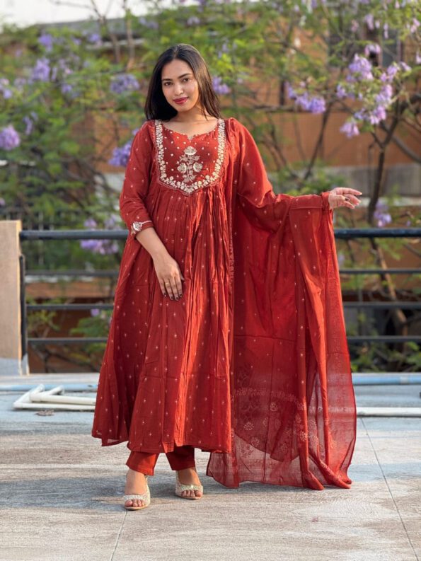 Rust Orange Anarkali Suit with Embroidered Yoke & Dupatta