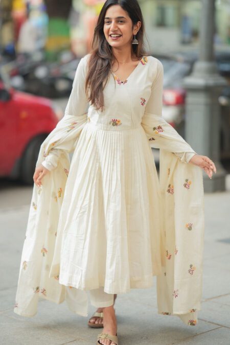 Cream Anarkali Suit Set with Embroidered Dupatta