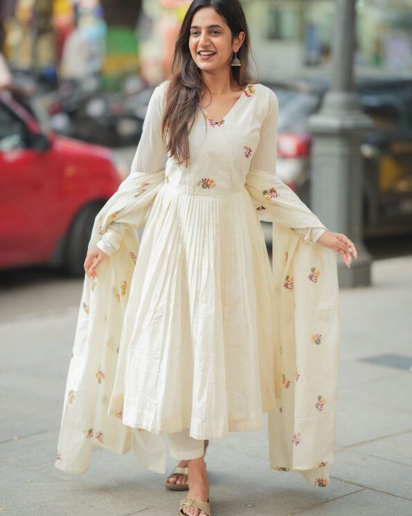 Cream Anarkali Suit Set with Embroidered Dupatta