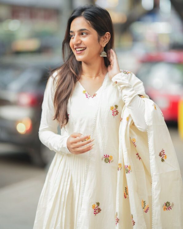 Cream Anarkali Suit Set with Embroidered Dupatta