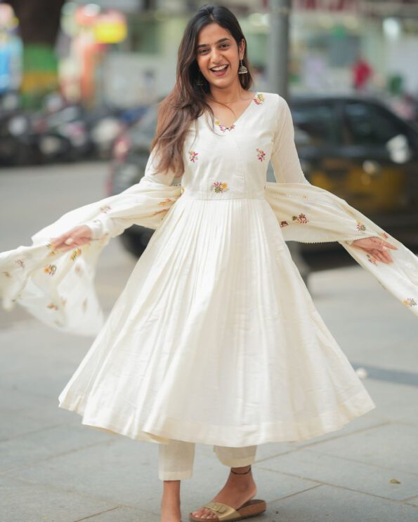 Cream Anarkali Suit Set with Embroidered Dupatta