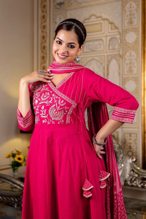 Hot Pink Anarkali Kurta Set with Embroidered Dupatta