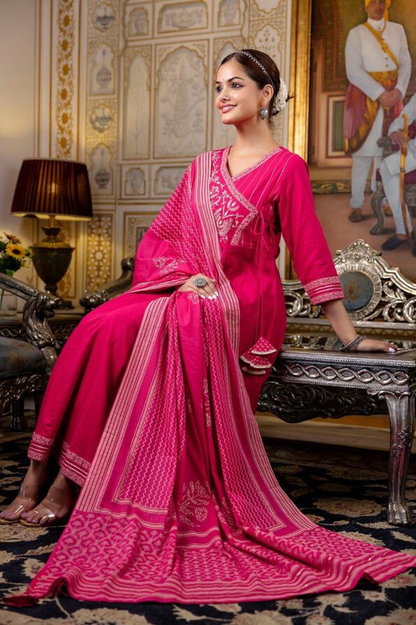 Hot Pink Anarkali Kurta Set with Embroidered Dupatta