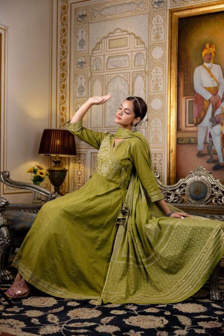 Olive Green Anarkali Kurta Set with Dupatta