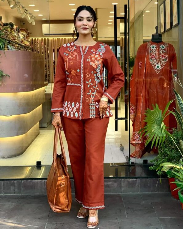 Rust Brown Cotton Co-ord Set with Ethnic Embroidery