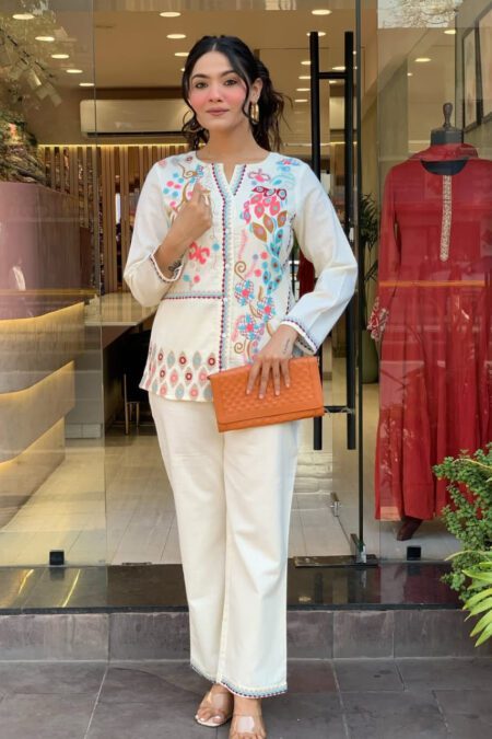White Cotton Co-ord Set with Multicolor Embroidery