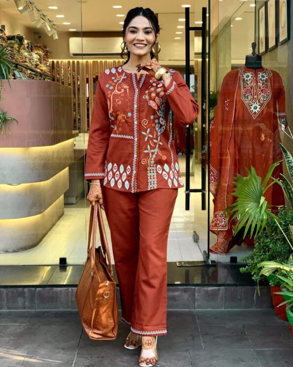 Rust Brown Cotton Co-ord Set with Ethnic Embroidery