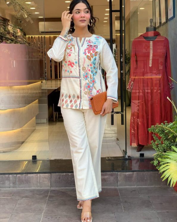 White Cotton Co-ord Set with Multicolor Embroidery