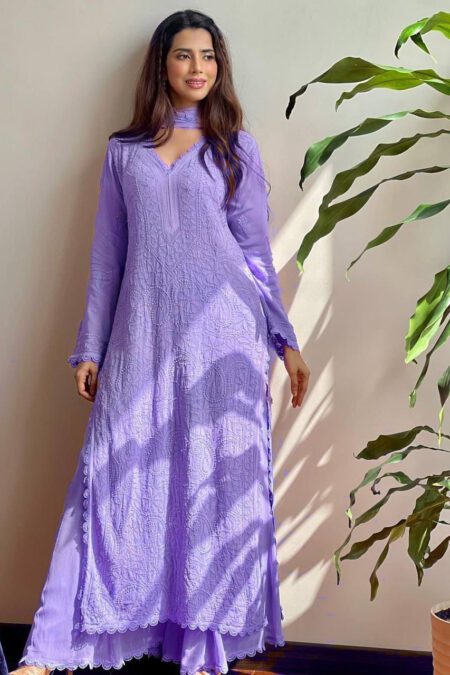 Lavender Chikankari Cotton Embroidered Kurta with Dupatta