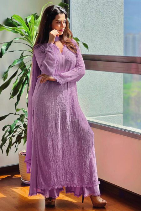 Mauve Chikankari Cotton Embroidered Kurta with Dupatta