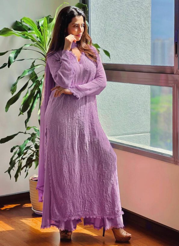 Mauve Chikankari Suit Set – Elegant Cotton Embroidered Kurta with Dupatta