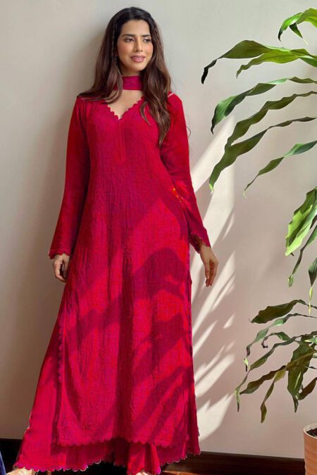 Bright Red Chikankari Embroidered Kurta with Dupatta