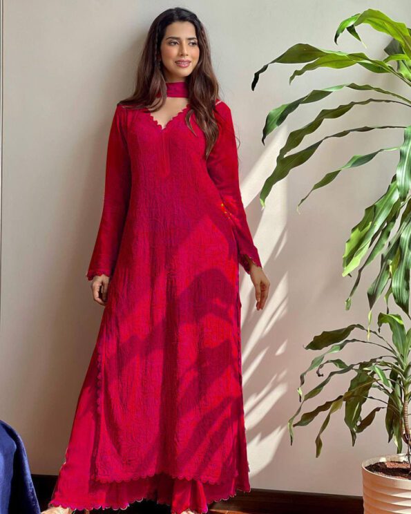 Bright Red Chikankari Suit Set – Festive Embroidered Kurta with Dupatta