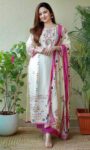 Cream Embroidered Cotton Suit Set with Pink Dupatta