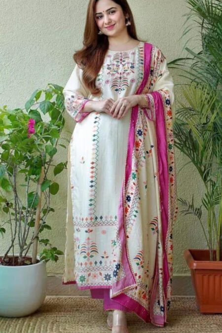 Cream Embroidered Cotton Suit Set with Pink Dupatta