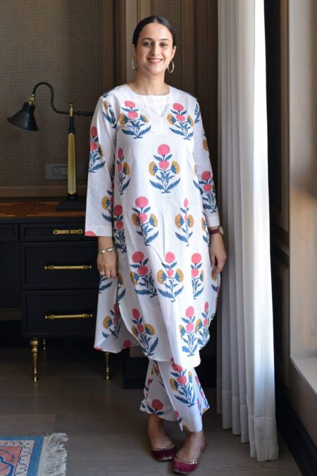 White Floral Printed Cotton Kurta Pant Set
