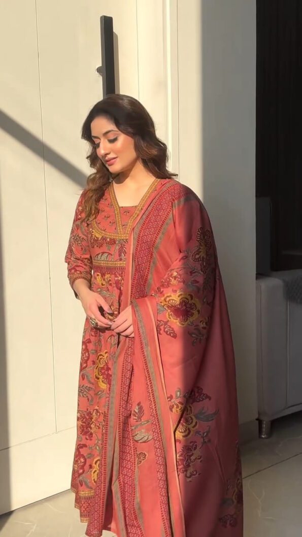 Rust Orange Floral Anarkali Suit with Dupatta