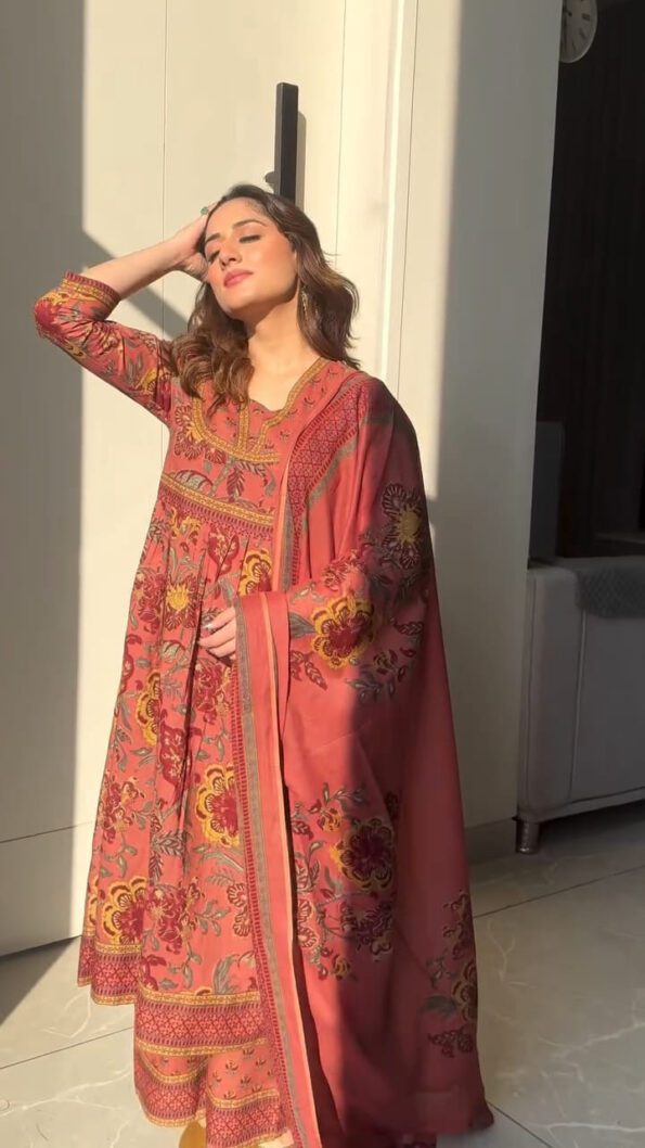 Rust Orange Floral Anarkali Suit with Dupatta