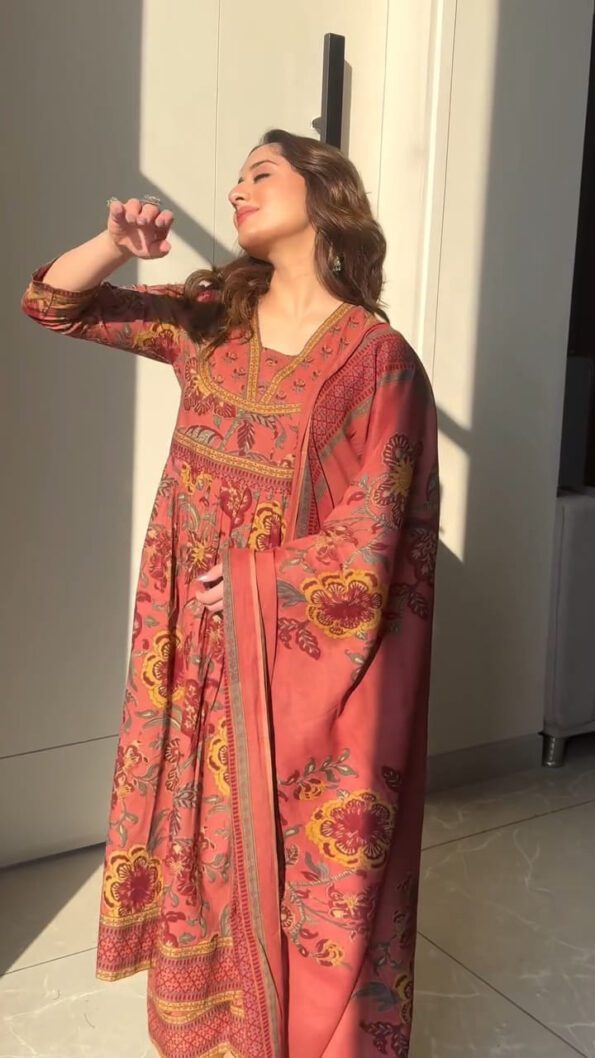 Rust Orange Floral Anarkali Suit with Dupatta