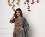 Floral Printed Anarkali Kurta Set with Dupatta in Teal & Maroon