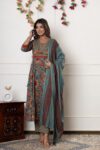 Floral Printed Anarkali Kurta Set with Dupatta in Teal & Maroon