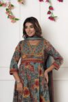 Floral Printed Anarkali Kurta Set with Dupatta in Teal & Maroon