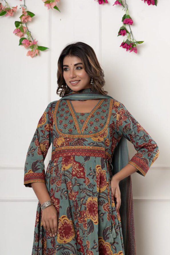 Floral Printed Anarkali Kurta Set with Dupatta in Teal & Maroon