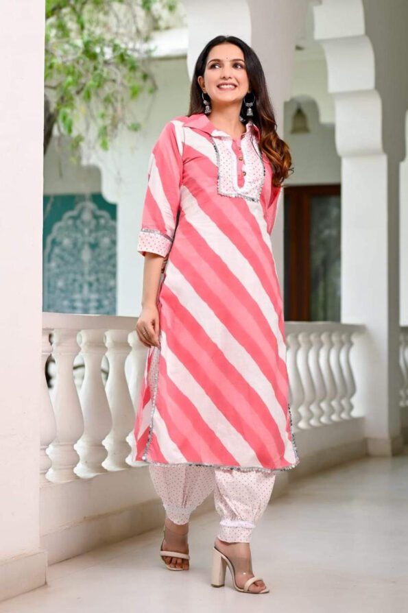 Pink & White Striped Cotton Kurta Set