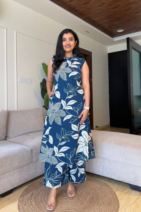 Navy Blue Floral Printed Sleeveless Kurta Set