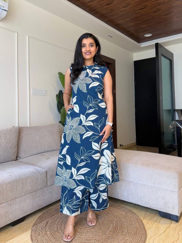 Navy Blue Floral Printed Sleeveless Kurta Set