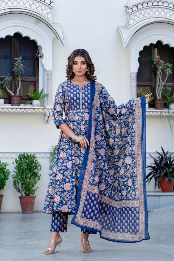Royal Blue Floral Anarkali Kurta Set with Printed Dupatta