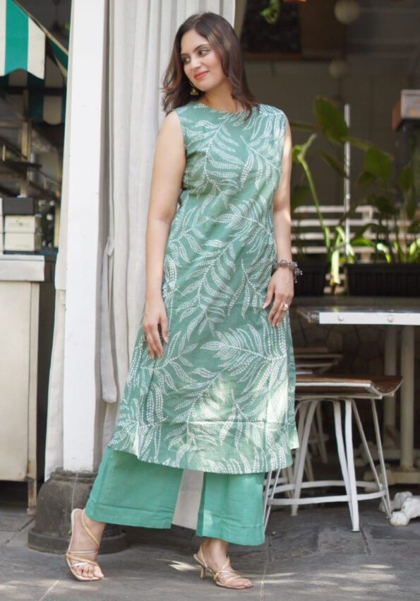 Green Sleeveless Printed Kurta Set