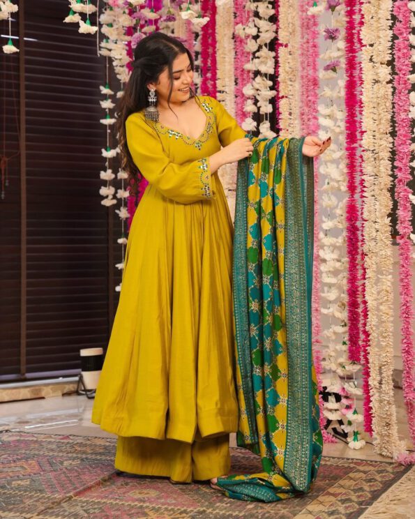 Premium Mustard Yellow Flared Kurti Set with Printed Dupatta