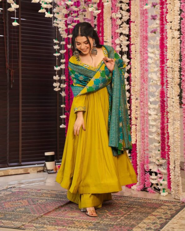 Premium Mustard Yellow Flared Kurti Set with Printed Dupatta